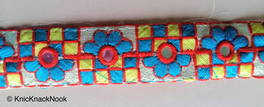 Gold Mirrored Fabric Trim With Blue, Yellow And Red Floral And Square Embroidery, Approx. 32mm Wide